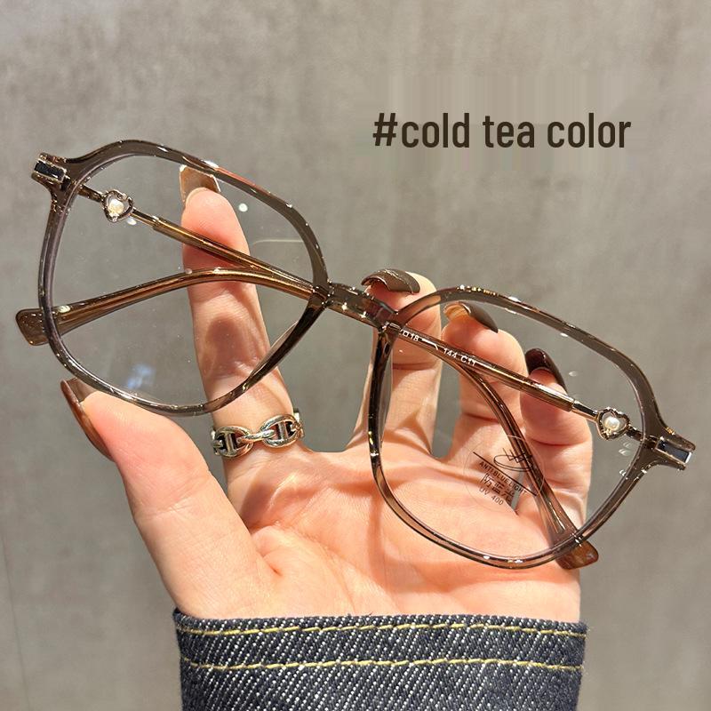 Women’s High-End Myopia Glasses Frame: Cool Tea Color, Anti-Blue Light, Slimming Design, Enhances Fairness, Prescription-Compatible.