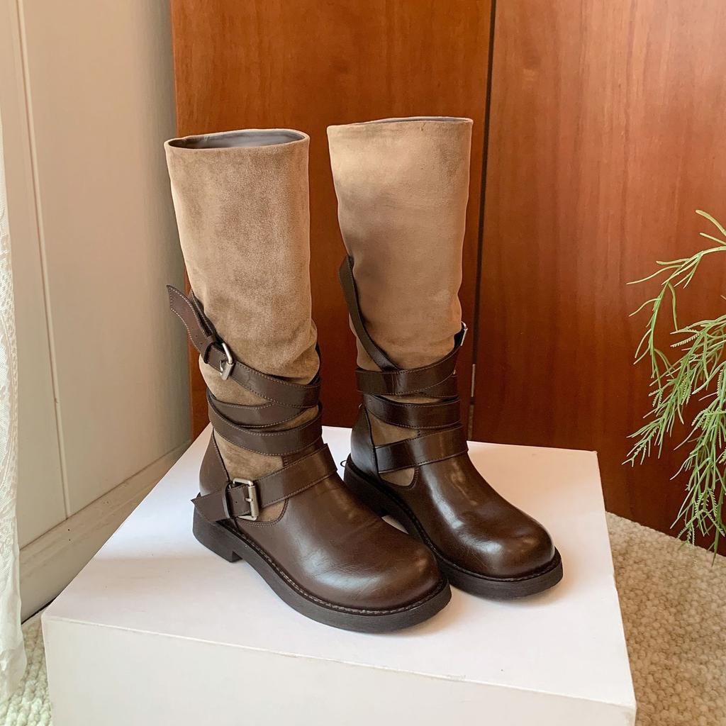 Women's retro thick heel motorcycle boots fashion tall tube fashion long boots belt buckle round head knight boots splicing autumn no