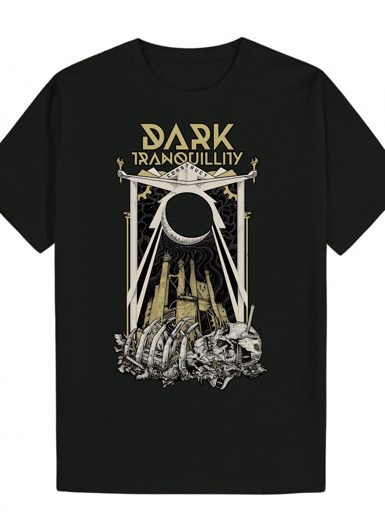Dark Tranquility Graphic Print Casual T-shirt - Black Summer Round Neck Tee with Golden Lettering & Celestial Design XXXL