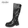 Fashion Soft PU Leather Women's Autumn Black Brown Long Boots Side Zip Belt Buckle Ladies Fashion Knee-High Bottes Femmes Western Style