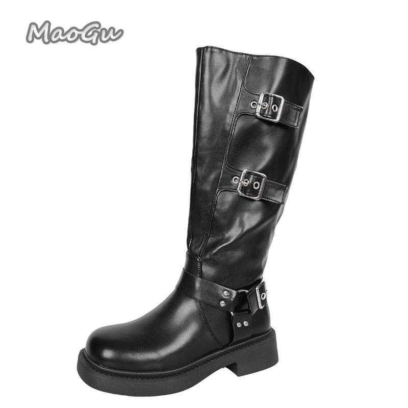 Fashion Soft PU Leather Women's Autumn Black Brown Long Boots Side Zip Belt Buckle Ladies Fashion Knee-High Bottes Femmes Western Style