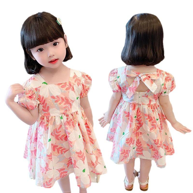 Girls Summer Chiffon Floral Dress Short Sleeve Korean Princess Dress for Toddlers