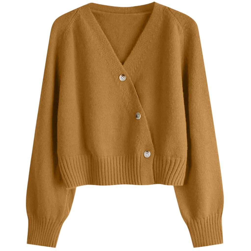 Women's Solid Color V-neck  Breasted Short Loose Cardigan Sweater Jacket