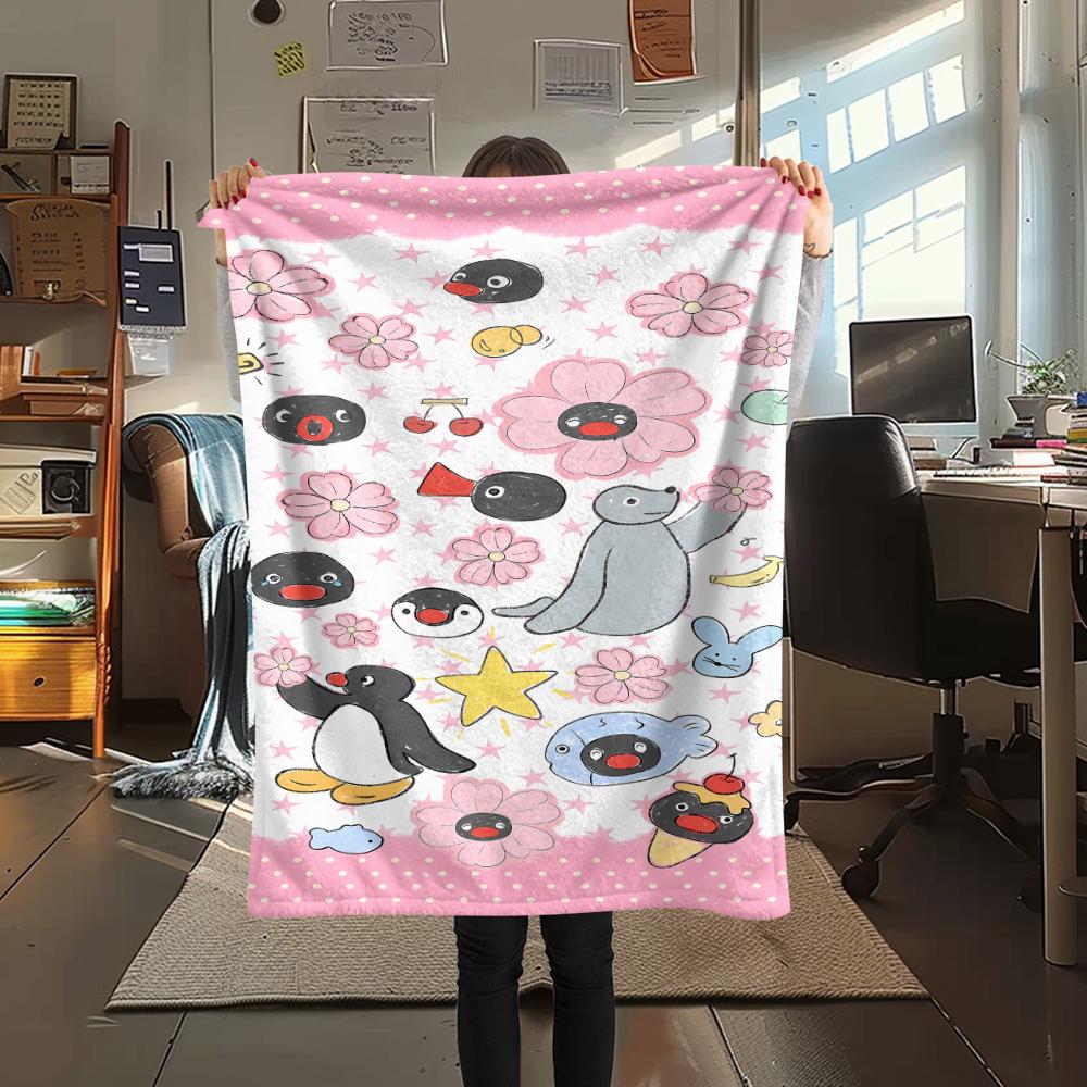 1PC PINGU Print Flannel Blanket, High quality All Seasons, Home Decor, Warmth and Comfort, Perfect for Christmas Gifts