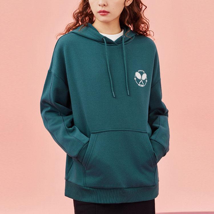 Anta Lifestyle Series Solid Color Hooded Pullover Loose Fleece Sweatshirt Women Sweatshirt Gulf-Green 962348716-4