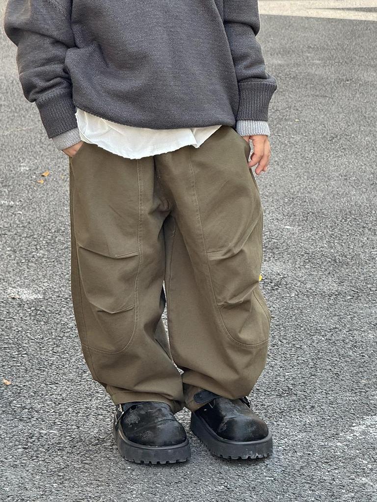 Korean-Style Boys' Fleece-Lined Cargo Pants, Washed and Faded, for Autumn/Winter 2025 - Medium and Big Children's Casual Wear