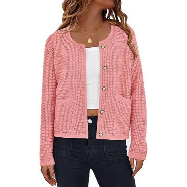 Women's Fashion French Elegant Short Knitted Coat with Pockets Round Neck Long Sleeve Buttoned Solid Soft Comfortable