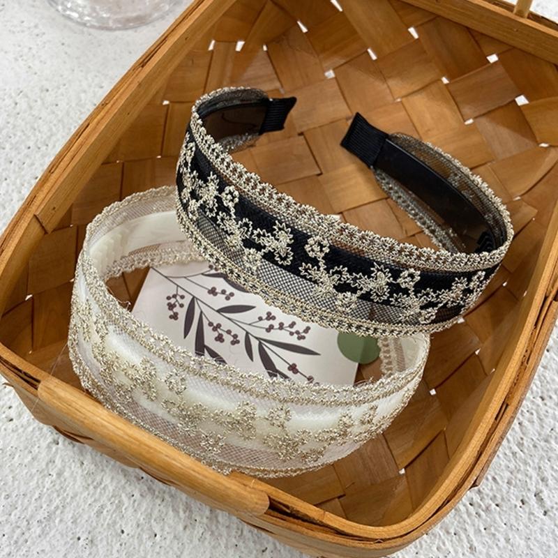 French Lace Wide Elegant Embroidered Tulle Hairband Slip Grip for Women Girls