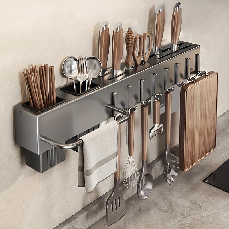 Modern Wall-Mounted Knife Rack with Utensil Holder, Carbon Steel & Plastic Kitchen Organizer, No-Drill Cutlery and Chopping Board Storage Rack