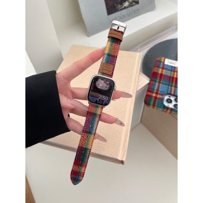 Colorful Woolen Plaid Leather Strap for Apple Watch Series 10/9/8/7/SE