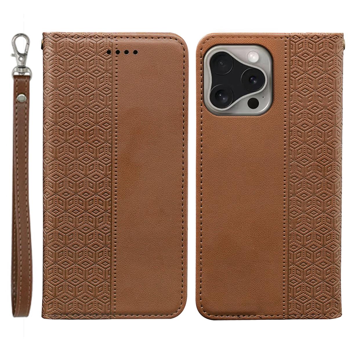 

For iPhone 16 Pro Wallet Phone Case Strong Magnetic Checkered Pattern Imprint Leather Flip Cover Brown