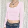 Women's Long Sleeve Square Neck Lace Trim Slim Fit T-shirt