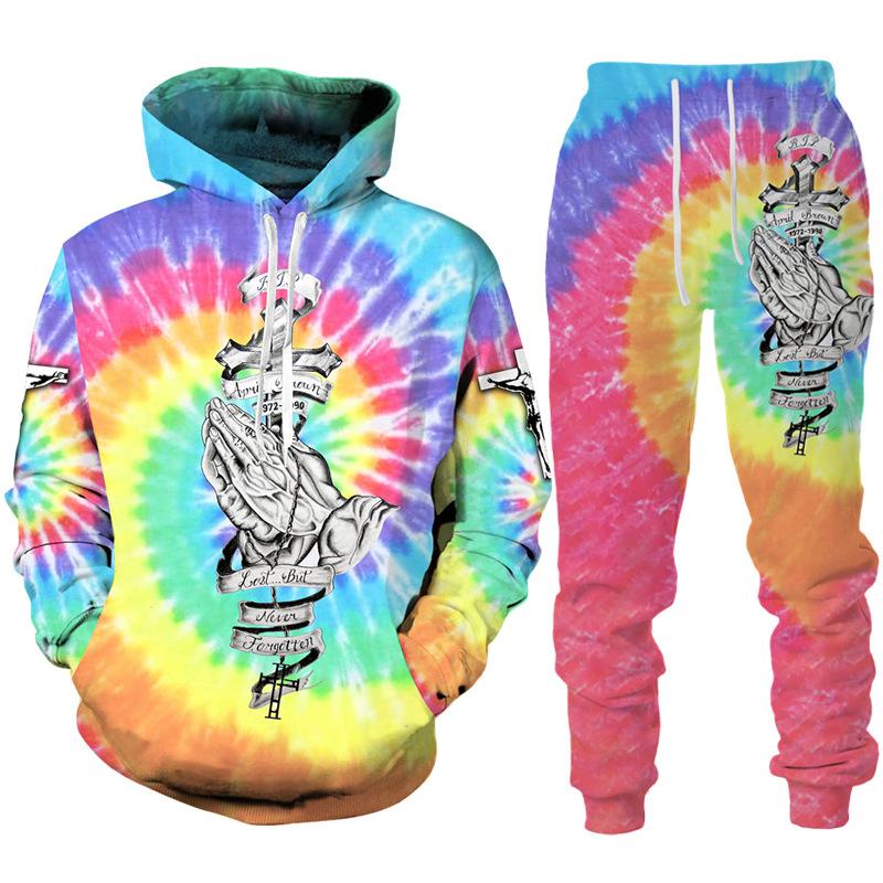 Spring Autumn Fashion Casual Men's Hoodies Set 3D Animal Lion Cross Printing Sweatshirts Sweatpants 2 Piece Set Men Clothing Suit
