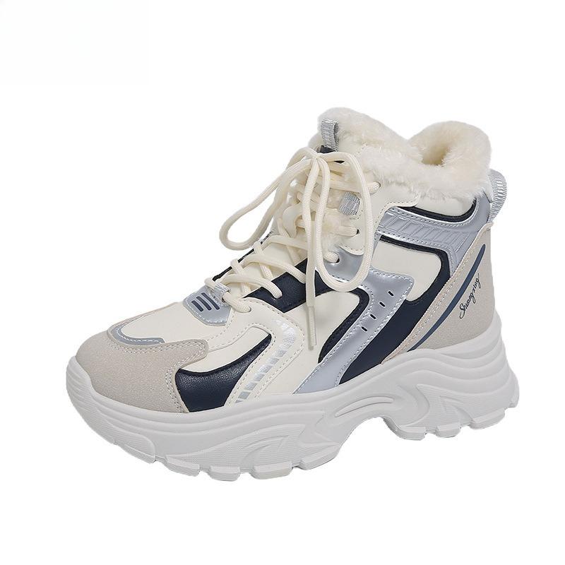 Women High Top Cotton Shoes 2026 Winter New Plush Thicken Platform Sneakers Outdoor Non Slip Lace Up Height Increase Warm Shoes