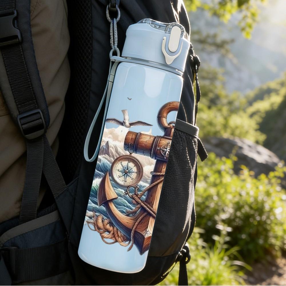 1PC Anchor Rose Nautical Pattern 750ml Color Plastic Sports Water Bottle Leakproof Flip Straw Lid Suitable for Sports Office Home Use
