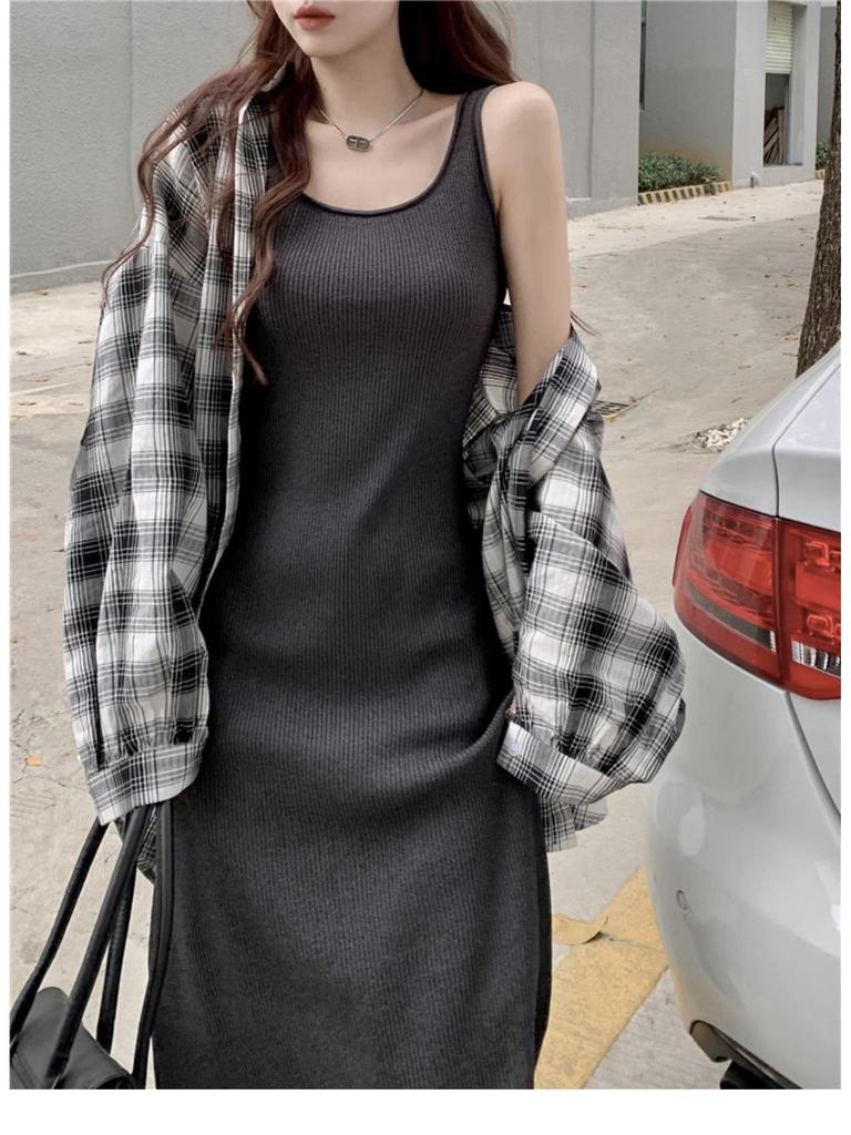 French Knit Off-Shoulder Strappy U-Neck Long Dress - Women's Summer Solid Color H-Line Vest Dress