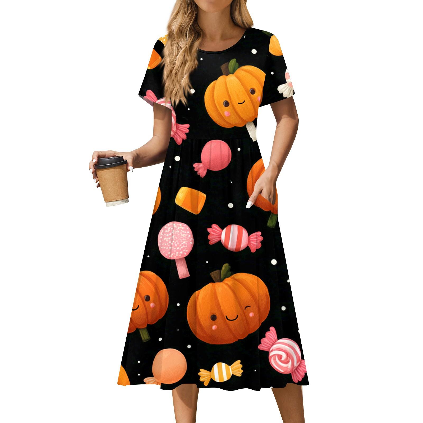 

Женское повседневное модное платье с принтом на Хэллоуин, с коротким рукавом и круглым вырезом S оранжевый