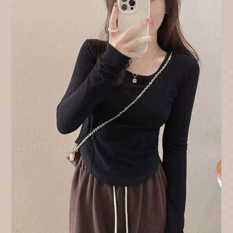 

Solid color German velvet long-sleeved T-shirt women s winter double-sided polished warm slim-fit short fish bone top XL чорний