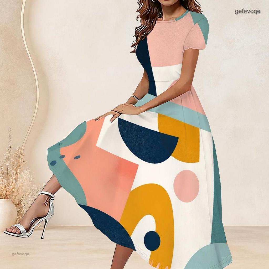 Women Plus Size Round Neck Short Sleeve Grey Black Printed A Line Long Dress