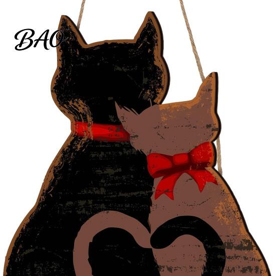 Hanging Wall Decor for Garden Wooden Welcome Sign Front Door, Romantic Cat Couple Door Pendant, Rustic Farmhouse Outdoor Porch Entryway Decoration