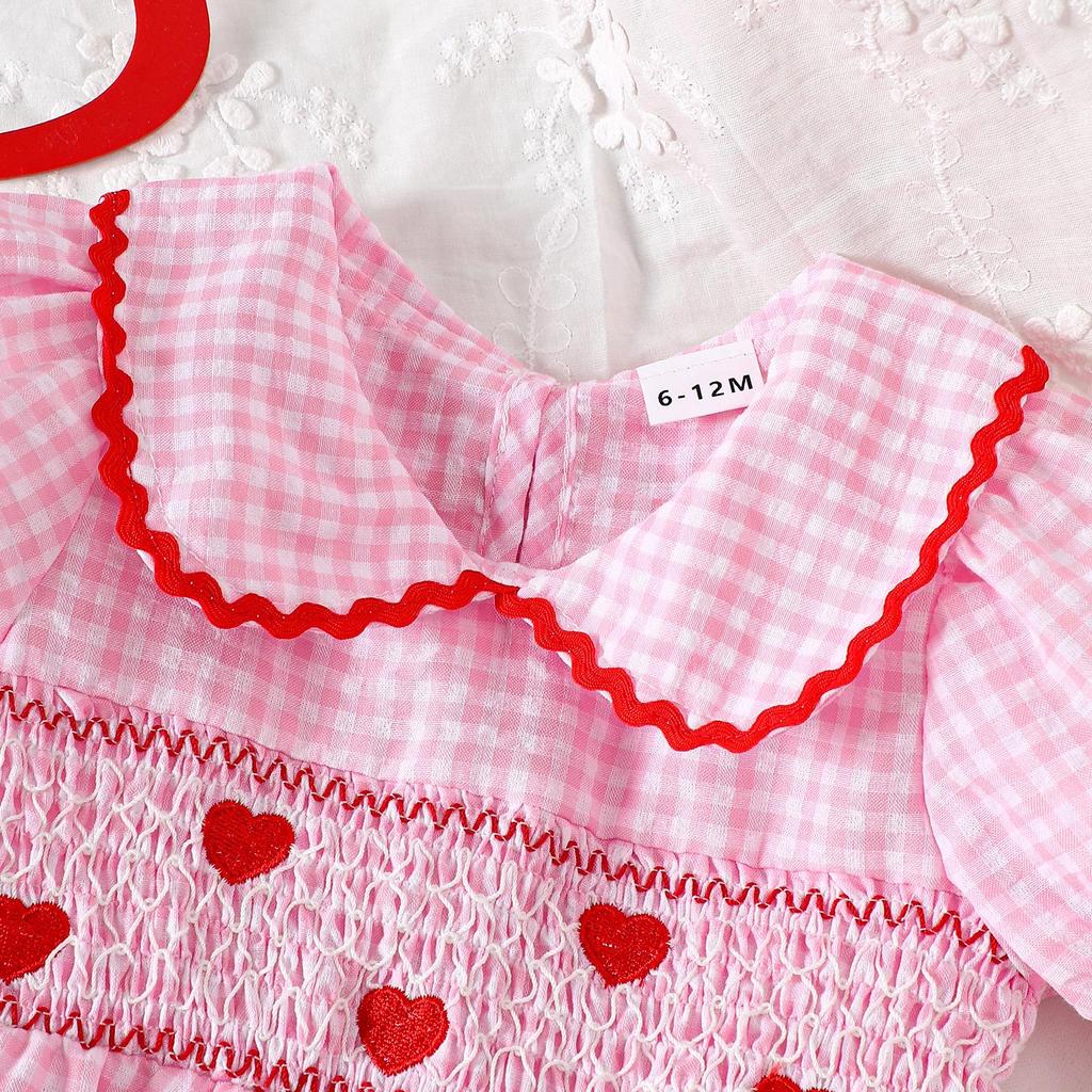 Girls' Heart Embroidery Dress with Doll Collar & Puff Sleeves
