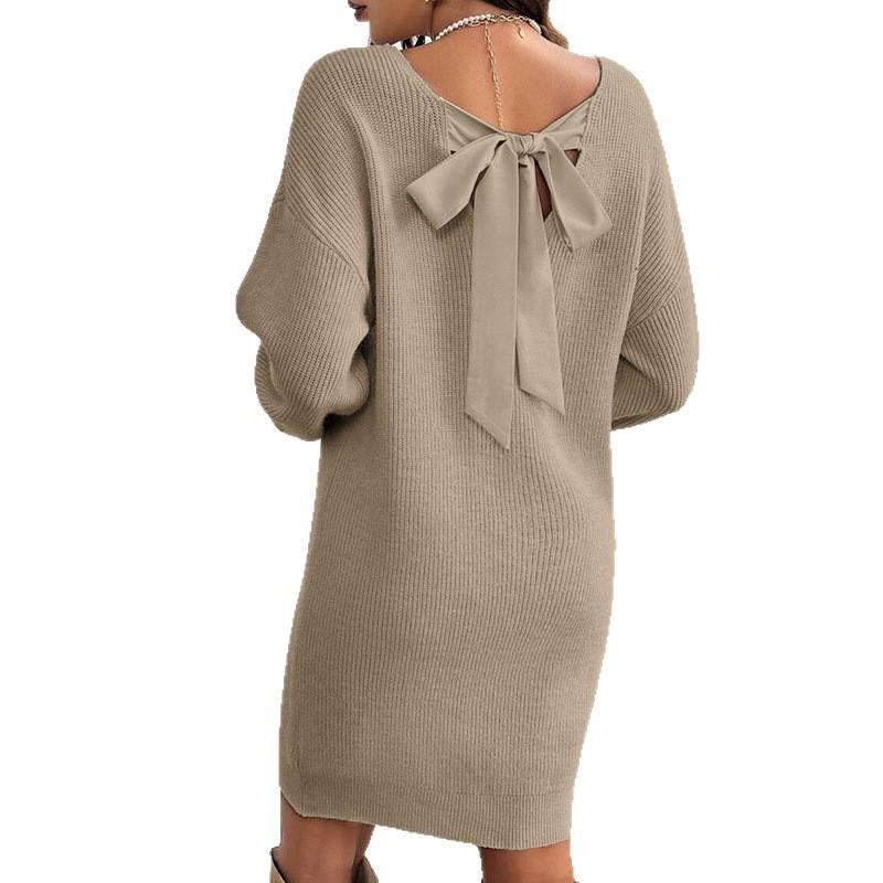 Autumn Women's V-Neck Bowknot Sweater Dress - Loose Knit Pullover