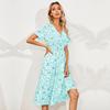 Summer Fall Floral Print Long Dress Women Casual A-Line V-neck Short Sleeve High Waist Slim S-XL