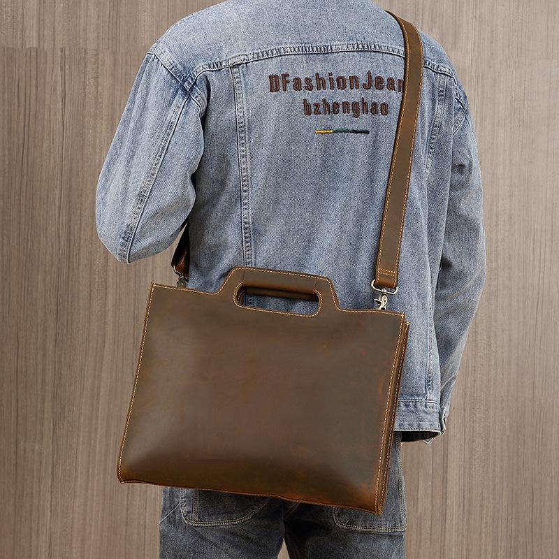 Men's Genuine Leather Handbag, Top Layer Cowhide Briefcase, Yellow Ox Crazy Horse Retro Minimalist Crossbody Bag, Computer Bag