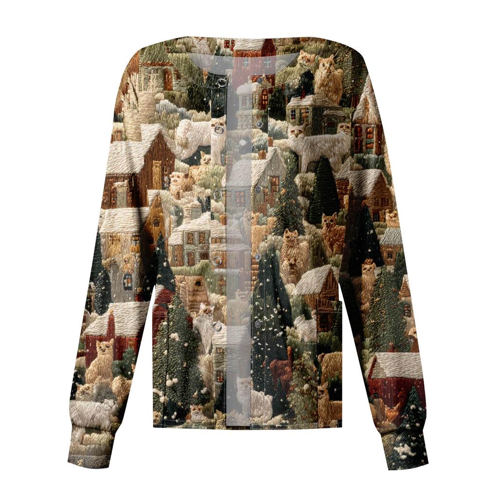Women's Casual Long-Sleeved Single-Breasted Christmas-Themed Print  Cardigan