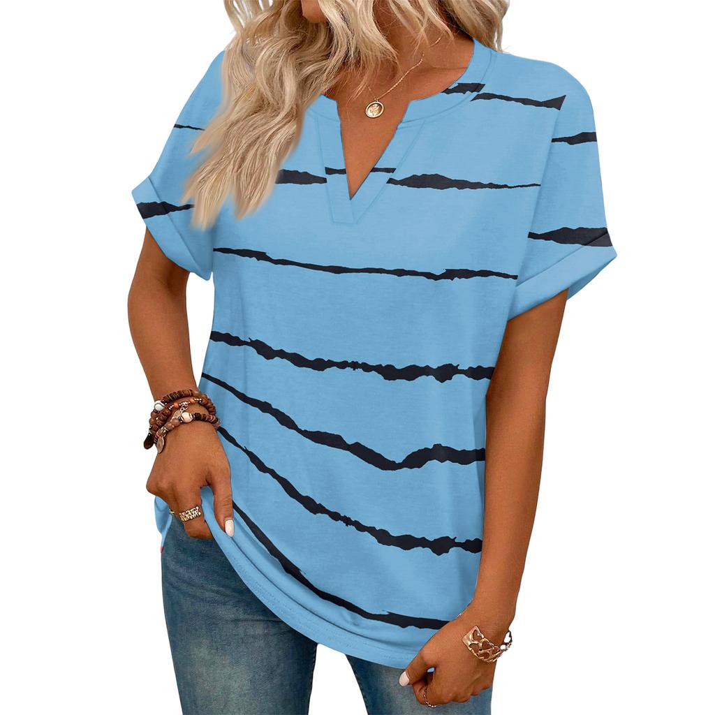 Stylish Women's Casual V-neck Short-sleeved Striped Plaid Print T-shirt