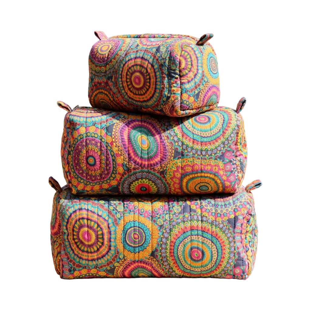Quilted Multi Functional Storage Bag Set M Size with Floral and Nature Pattern Embroidery for Cosmetics and Accessories Organizer