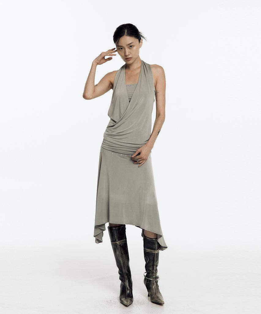 Kasiko Stud Drape Flare Skirt Warm Gray