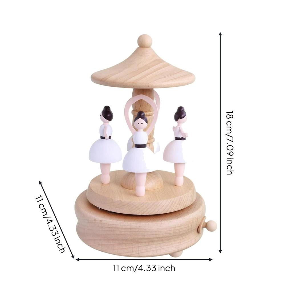 Beech Wood Mechanical Music Box Collectible Hand-Wind with Wooden Base