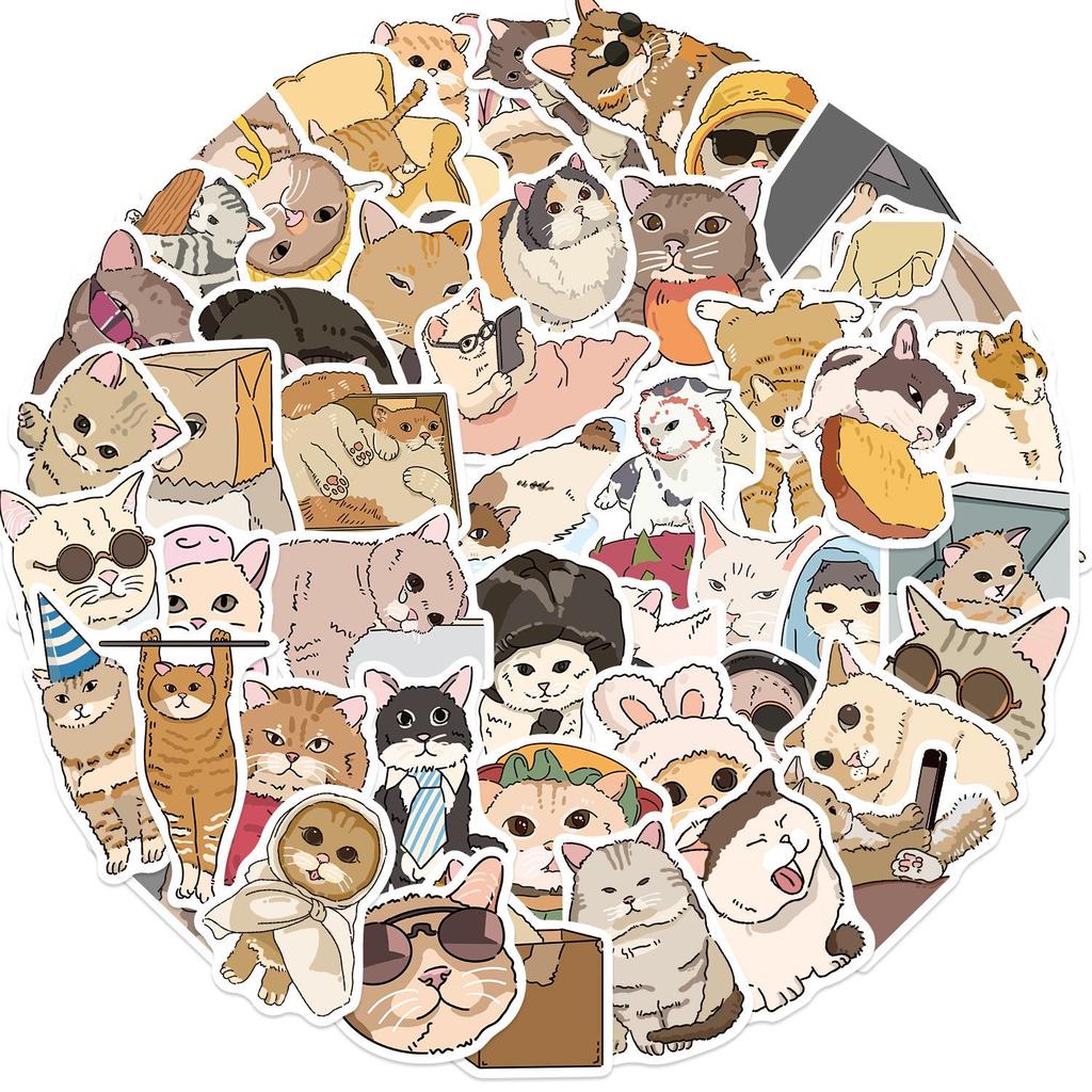 50 Cartoon Cat Emoji Stickers - Cute, Waterproof, Self-Adhesive for Scrapbooks & Phone Cases