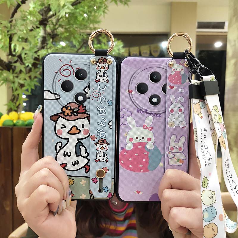 Back Cover Waterproof Phone Case For OPPO Reno12F 5G Silicone Wristband Ring Cartoon Shockproof Anti-knock Wrist Strap