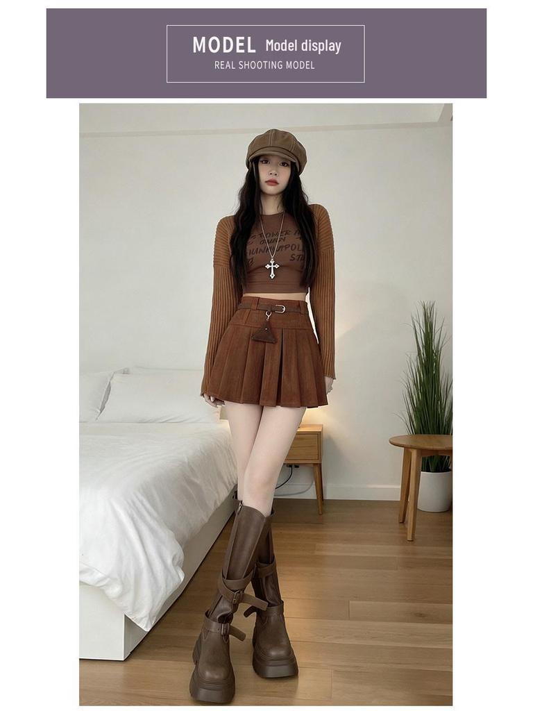 2026 Spring Retro Pleated High-Waisted Suede Skirt - Women's Slimming, Leg-Lengthening Academy Style