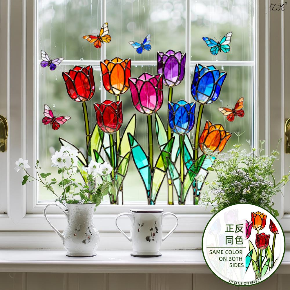 Nordic Glass Art Tulip Static Cling Window Sticker for Bedroom Home Decor