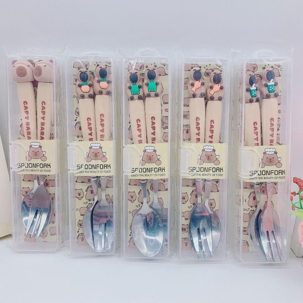 Fashion Stainless Steel Capybara Cutlery Set Cartoon Travel Portable Fork Spoon Dinnerware Sets Kitchen Tableware