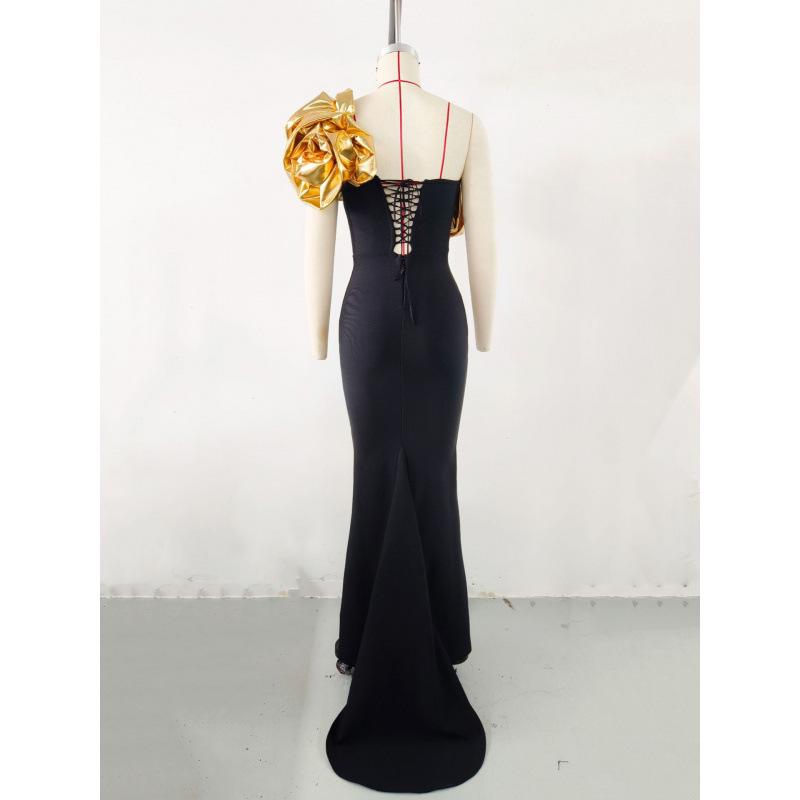 Elegant One-Shoulder Gold Flower Women's Banquet Dress (2026)