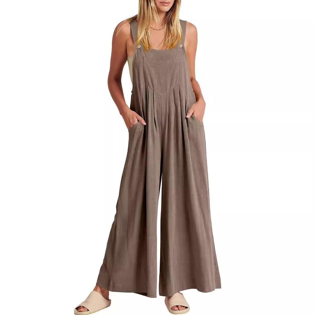 2023 European & American Women's Solid Color Casual Cotton Linen Strappy Jumpsuit