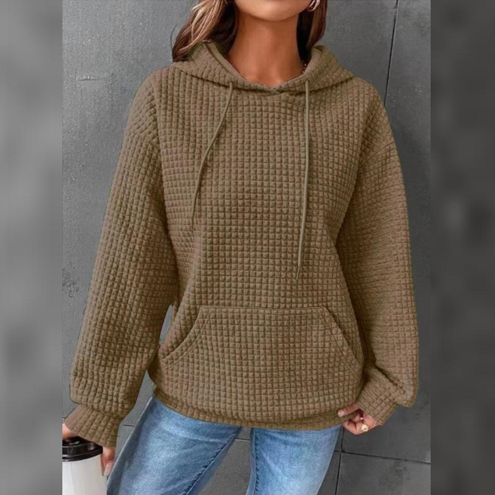 Women Hoodie Plaid Round Neck Pocket Pullover Long Sleeve Solid Color Jacket
