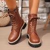 Medium Women's Boots Autumn and Winter New Round Head Fashion Belt Buckle Solid Color Side Zipper Martin Boots