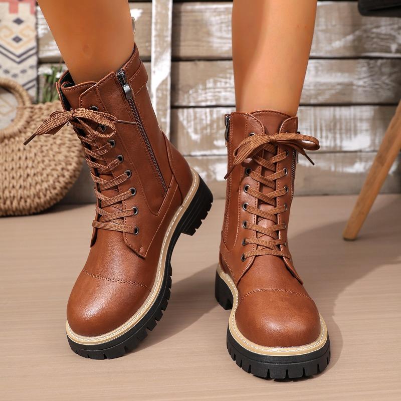 Medium Women's Boots Autumn and Winter New Round Head Fashion Belt Buckle Solid Color Side Zipper Martin Boots