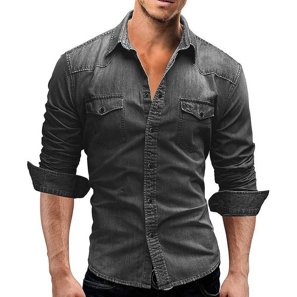 Pánská nouzová džínová košile Casual Washed Slim Fit Cowboy Shirt
