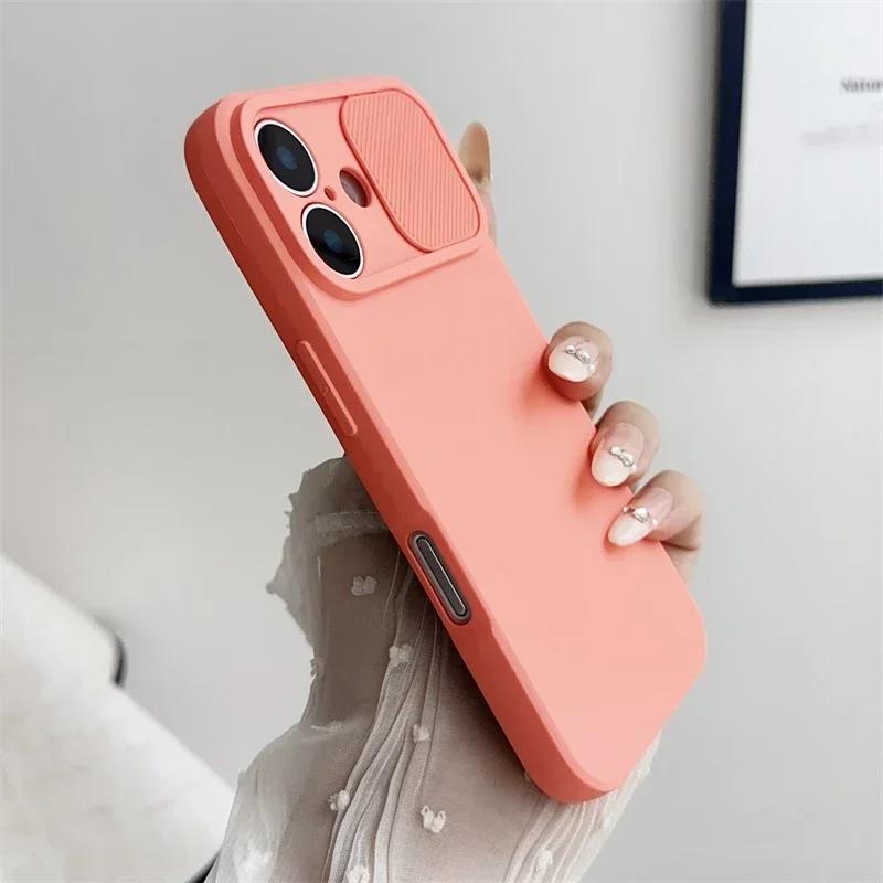 Slide Camera Lens Protection Cover for IPhone 16E 16 15 14 Plus 13 12 11 Pro XS XR Max 8 7 Phone Case Shockproof Soft Silicone