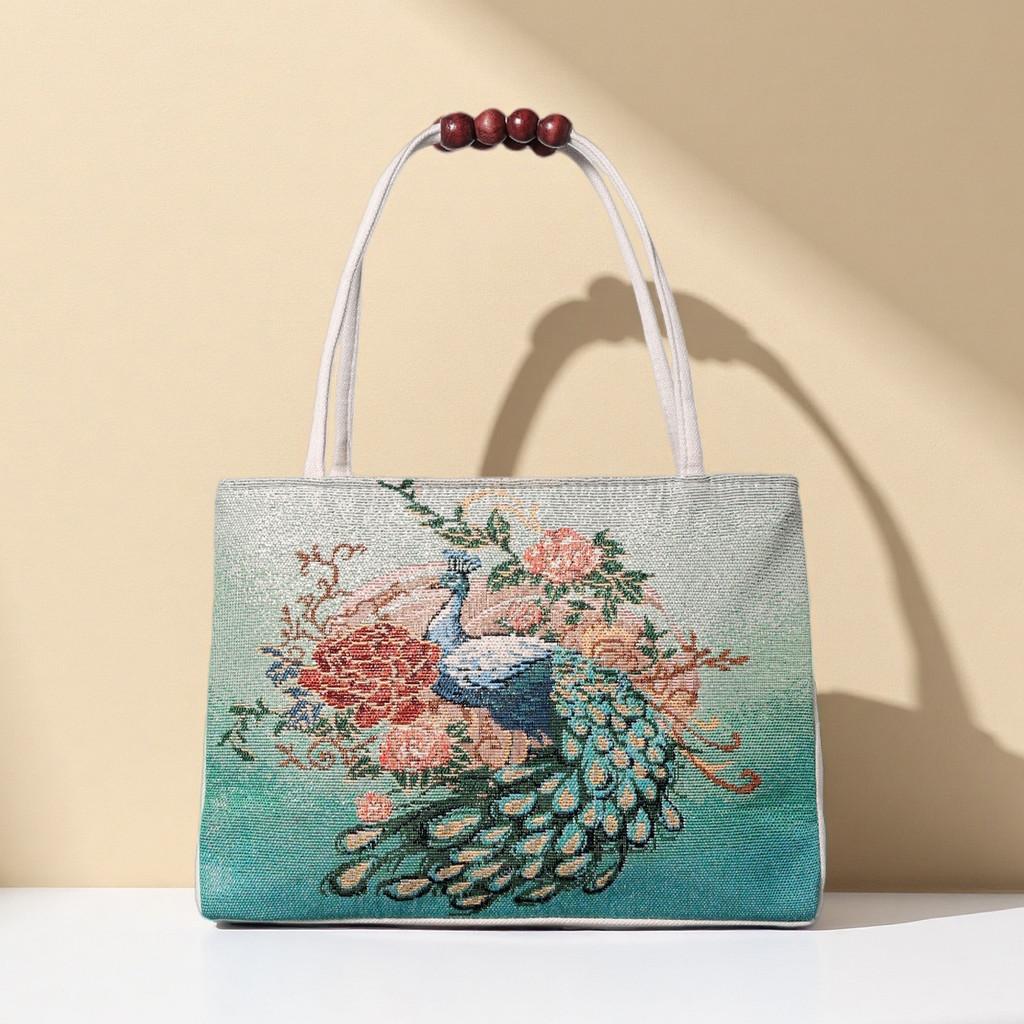 Canvas Handbag With Peacock Embroidery For Daily Casual Wear