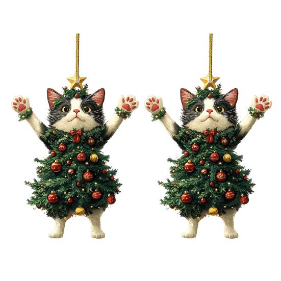 Cute Animal Tree Decor 2Pcs Christmas Cat Acrylic Ornament, 2D Flat Kitty Hanging Pendant with Holiday Party Supplies Santa Hat Decor, Car Rearview