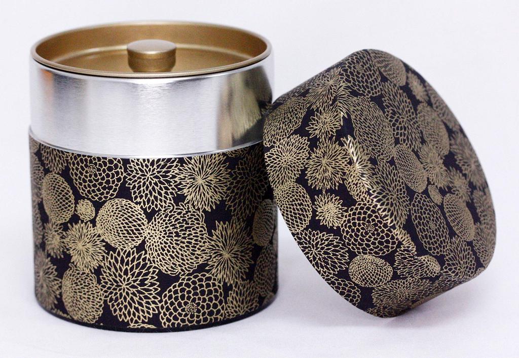 Kotodo Takahashi Seisakusho Tea Caddy Japanese Paper Washi Dyed Can Flat 150g Gold Flower Black Gold Flower #69
