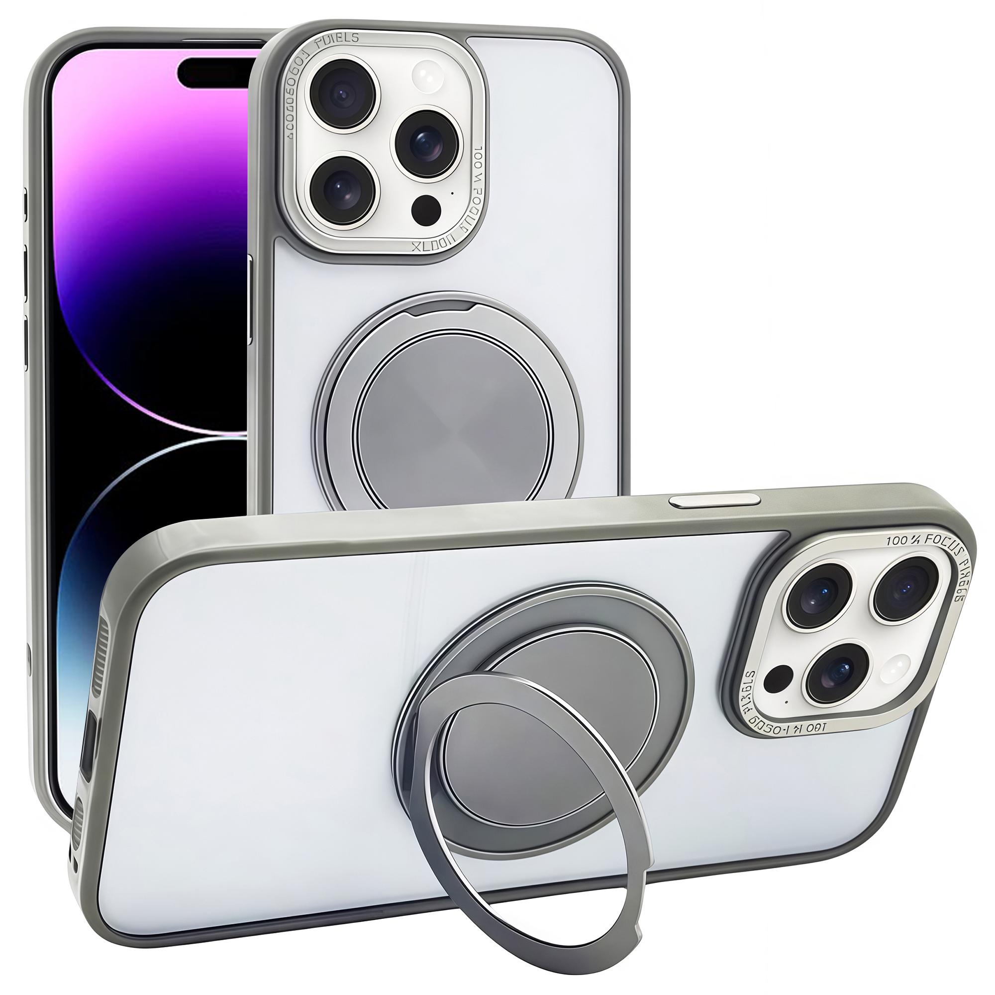 

For iPhone 14 Pro Magnetic Case Acrylic TPU Phone Back Cover with Kickstand Grey