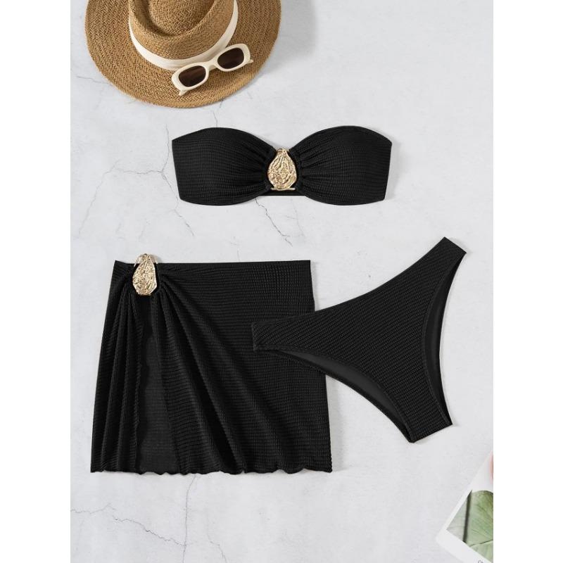 Sexy Bandeau Bikini Women Coffee Metal Water Droplet Ornament Push Up Mesh Skirt 3 Piece Swimsuit Beach Bathing Suit Swimwear